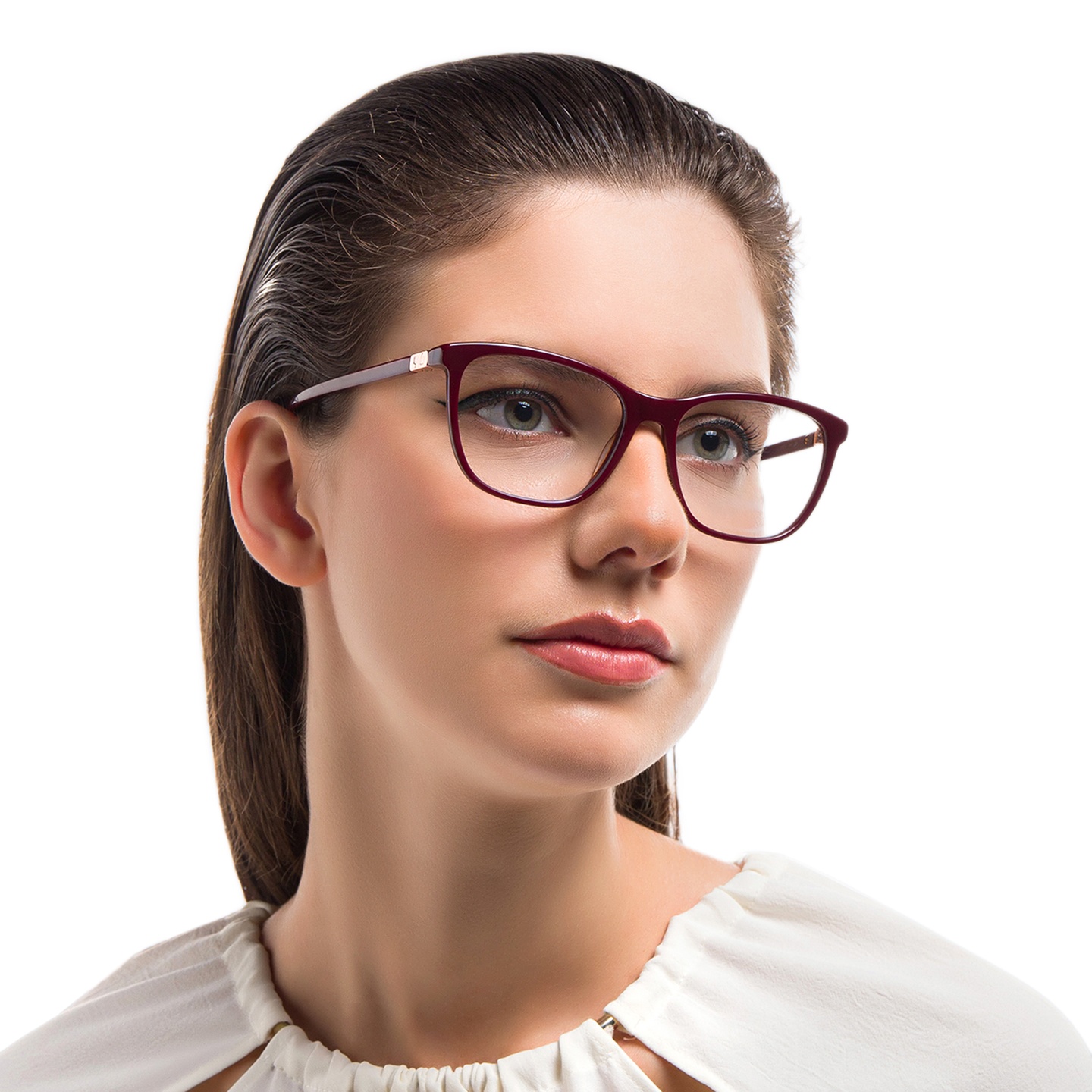 EYE'M Square Eyeglasses in Burgundy – Model Photo 1