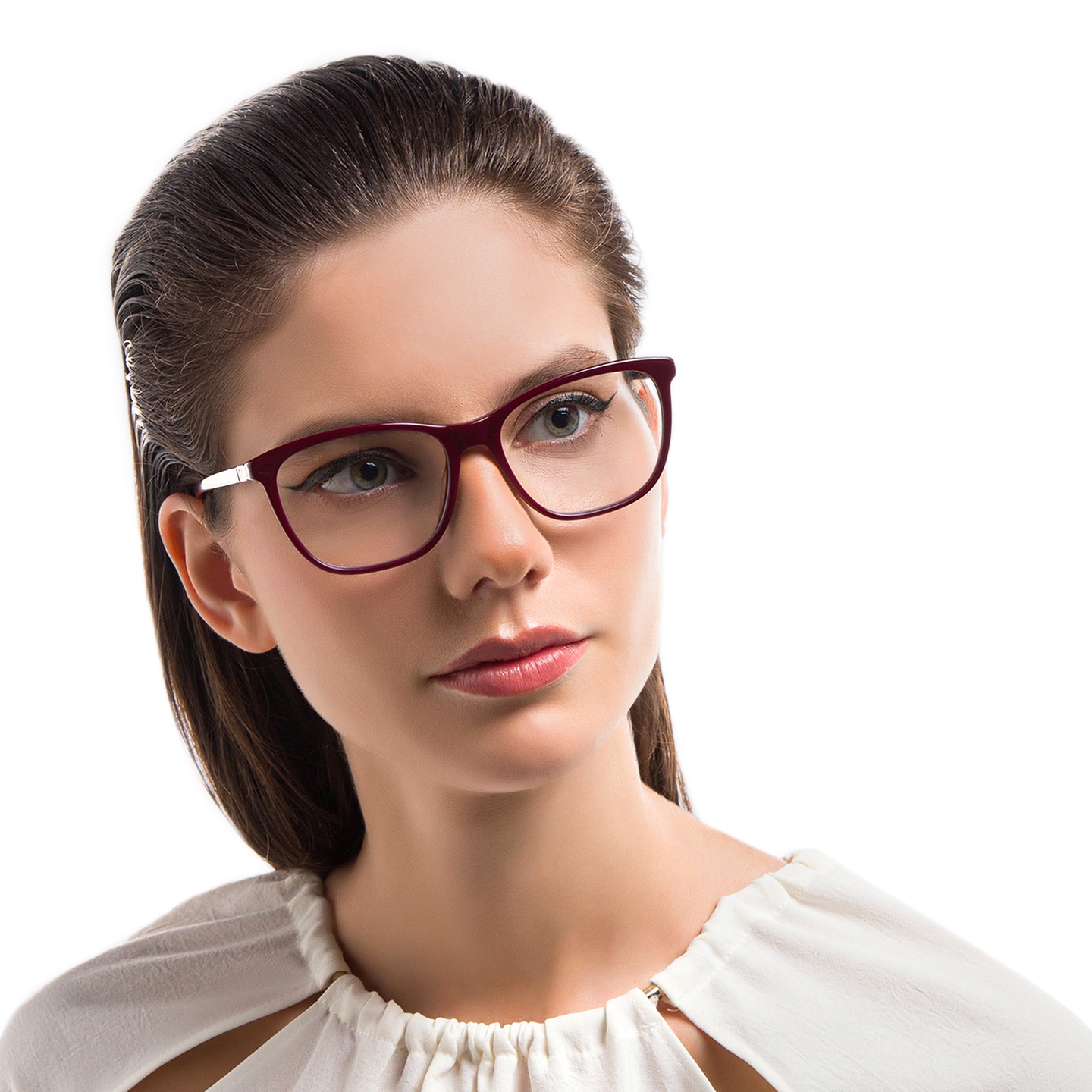 EYE'M Square Eyeglasses in Burgundy – Model Photo 4