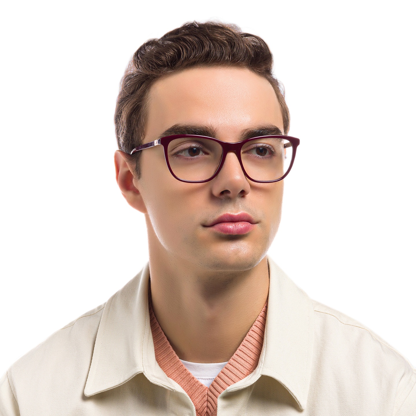 EYE'M Square Eyeglasses in Burgundy – Model Photo 5