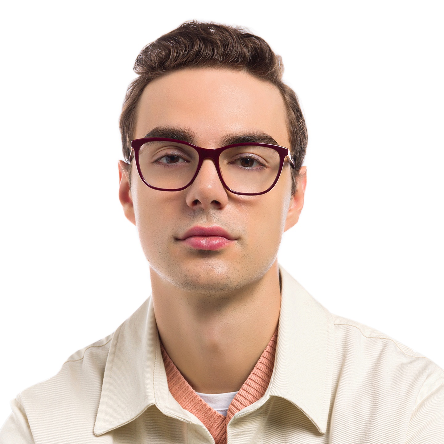 EYE'M Square Eyeglasses in Burgundy – Model Photo 6