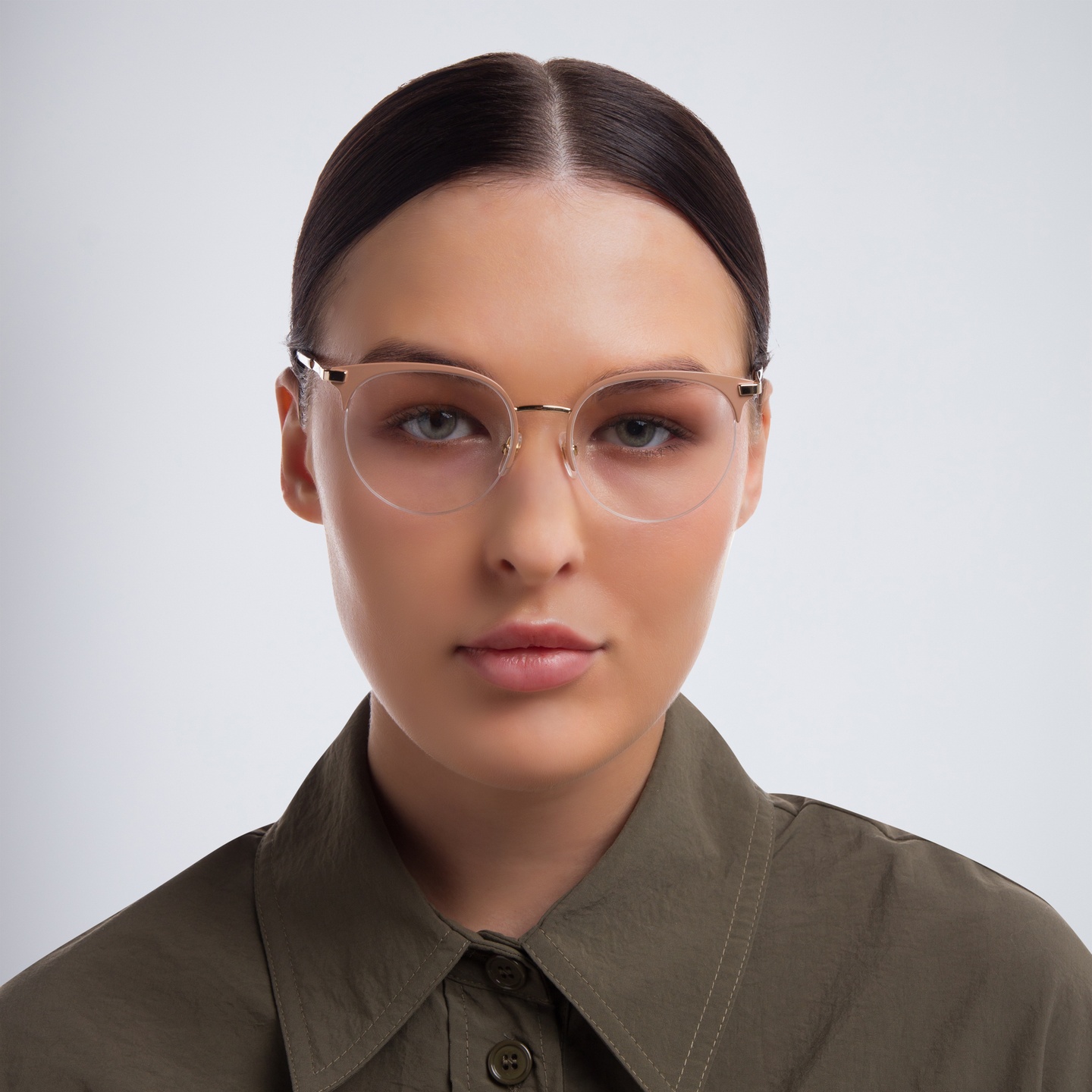 EYE'M Half Rim Cat Eye Eyeglasses in Nude – Model Photo 1