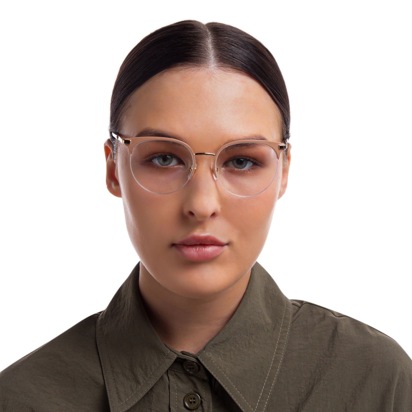 EYE'M Half Rim Cat Eye Eyeglasses in Nude – Model Photo 4