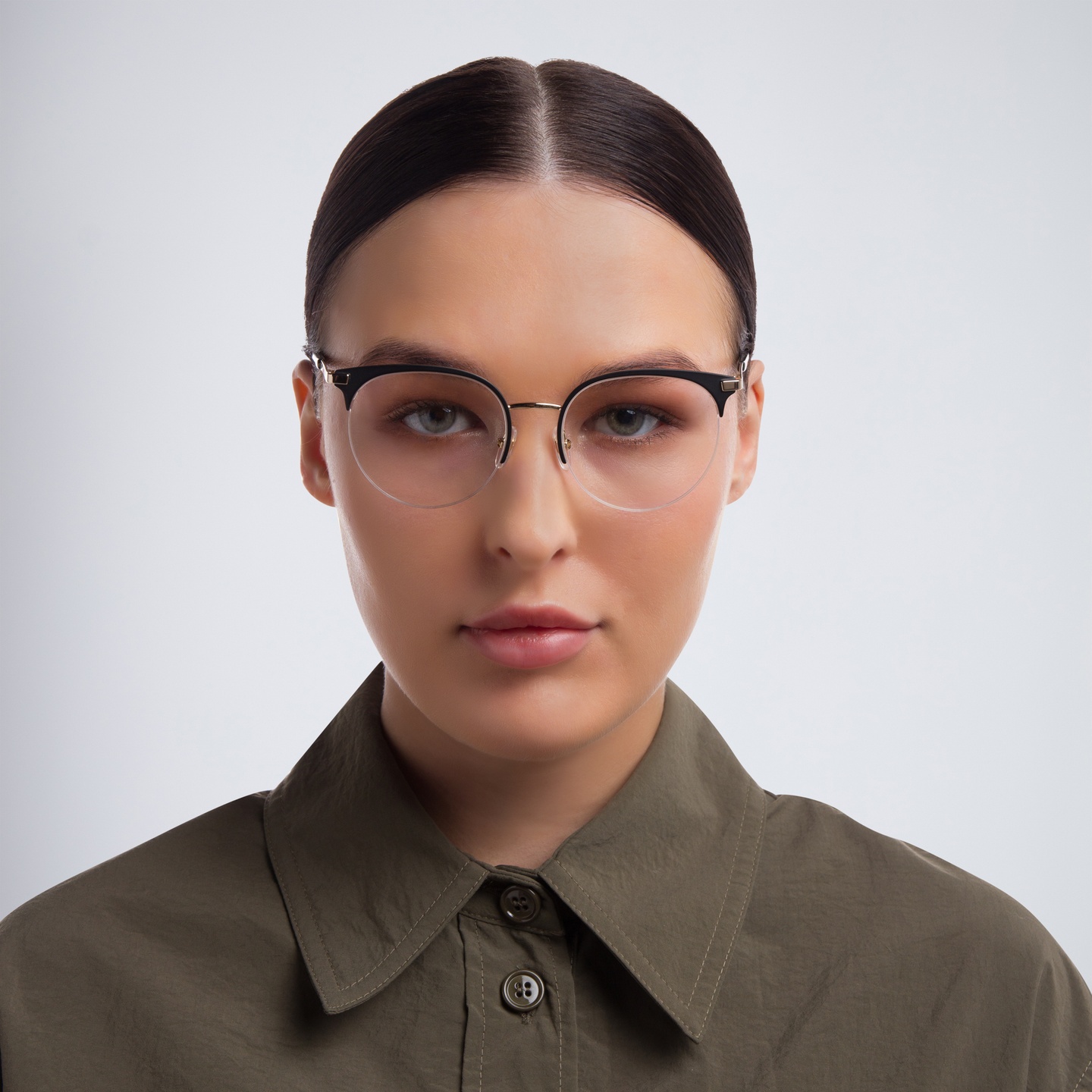 EYE'M Half Rim Cat Eye Eyeglasses in Black – Model Photo 1