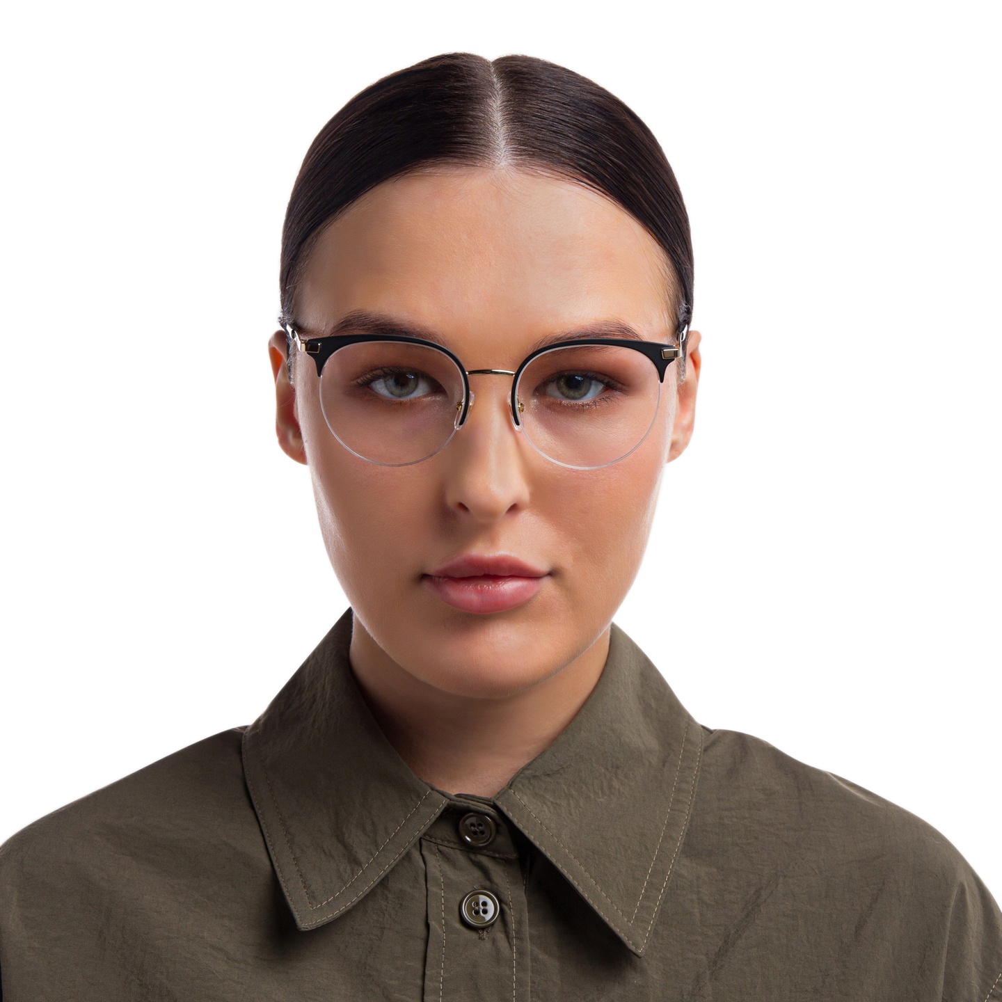 EYE'M Half Rim Cat Eye Eyeglasses in Black – Model Photo 4