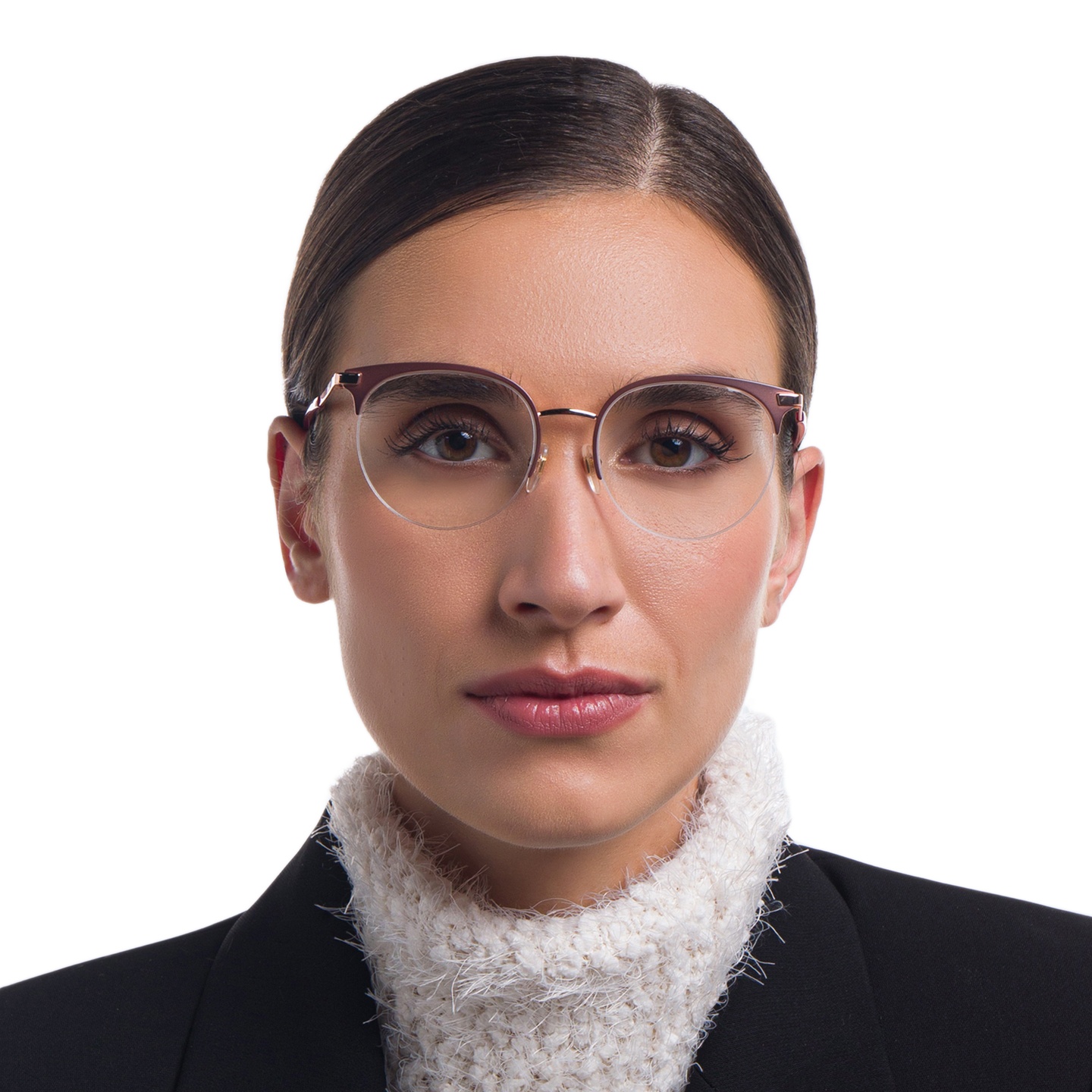 EYE'M Half Rim Cat Eye Eyeglasses in Red – Model Photo 1