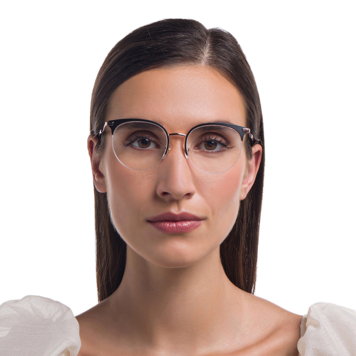 EYE'M Half Rim Cat Eye Eyeglasses in Black & Rosegold – Model Photo 1