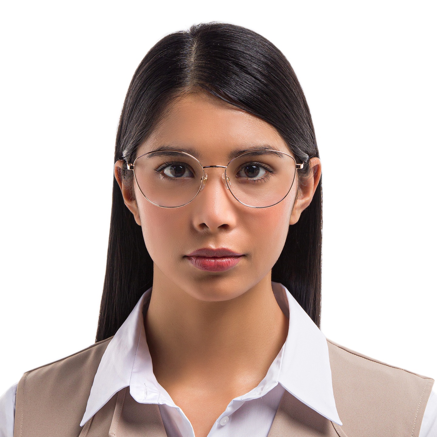 EYE'M Wide Cat Eye Eyeglasses in Rose Gold – Model Photo 1