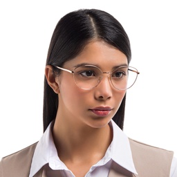 EYE'M Wide Cat Eye Eyeglasses in Rose Gold – Model Photo 5