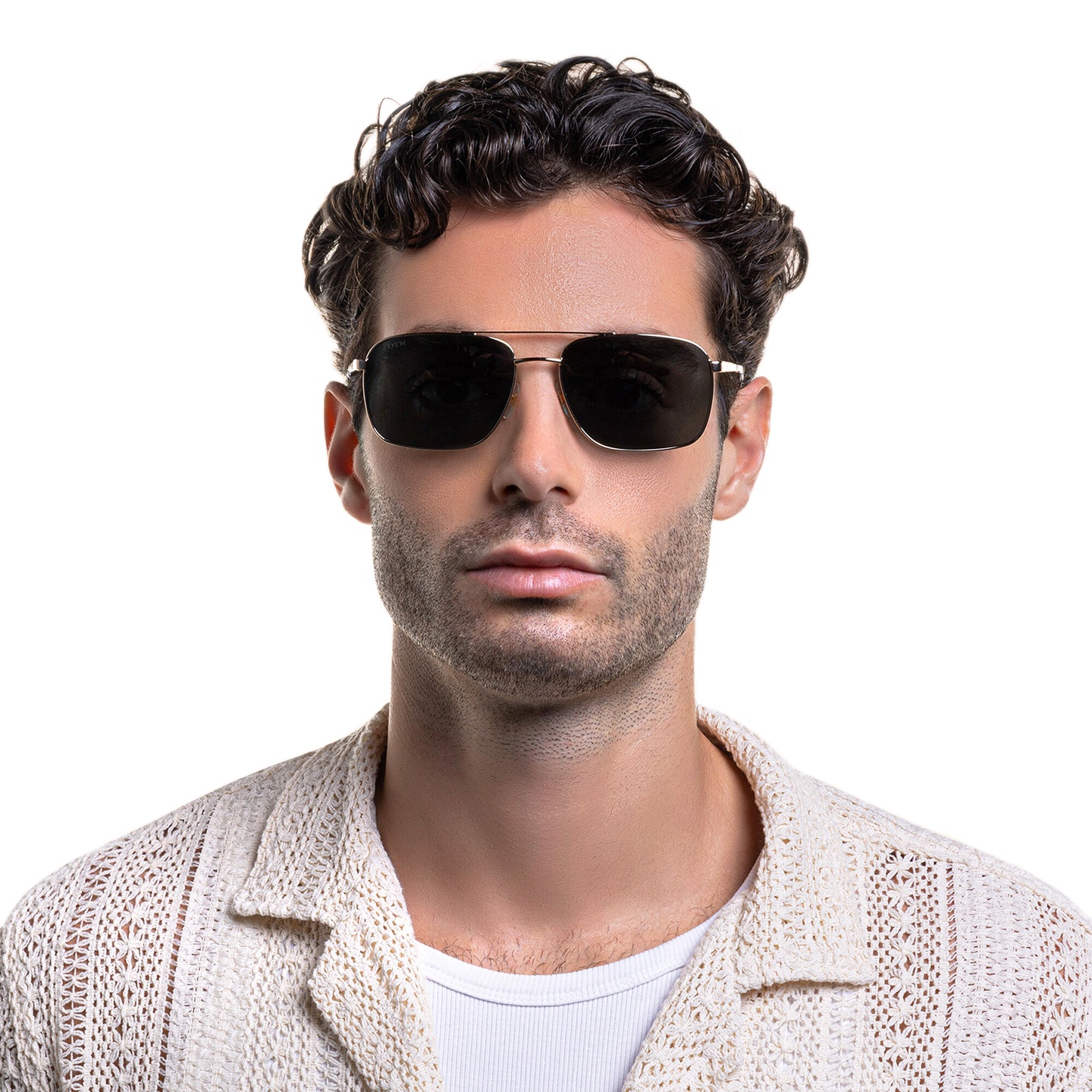 EYE'M Square Sunglasses in Gold – Model Photo 1