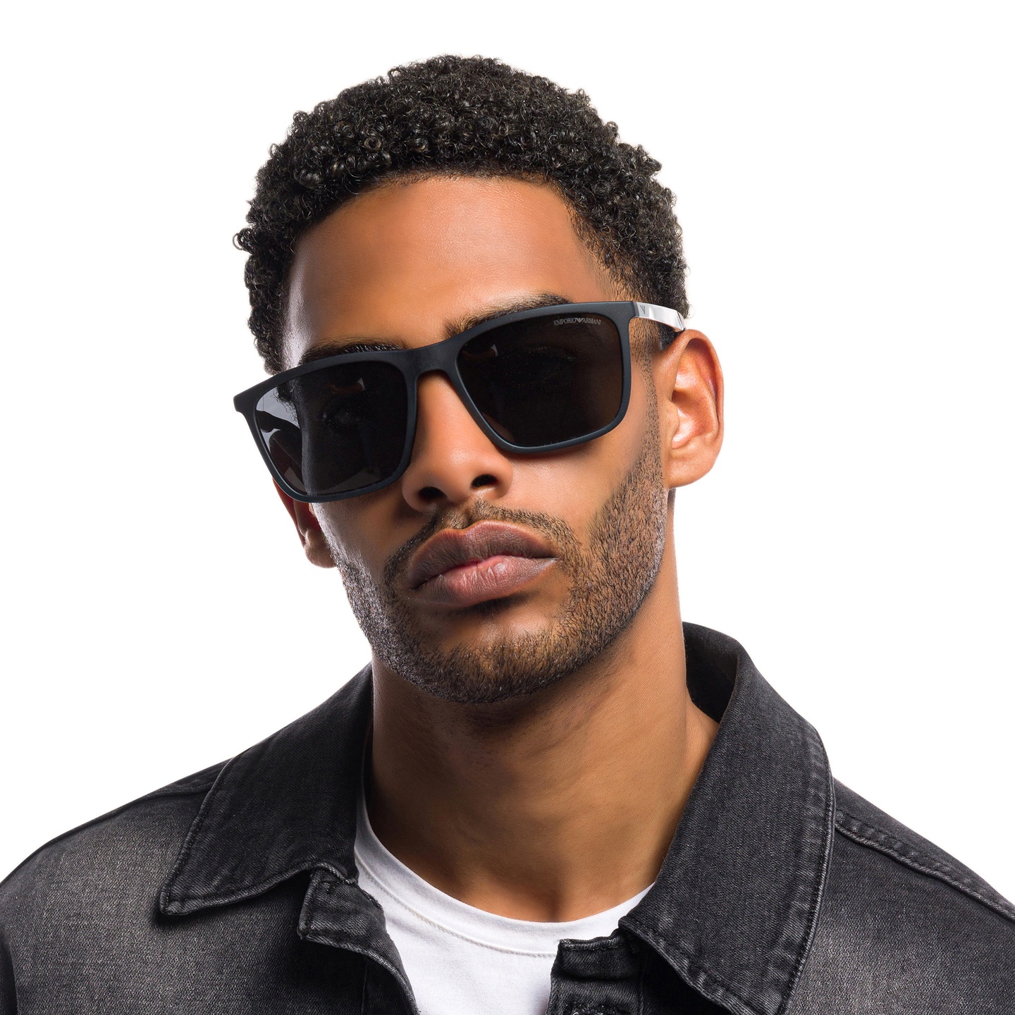 Emporio Armani Rectangle Sunglasses in Rubber Black – Model Photo 4