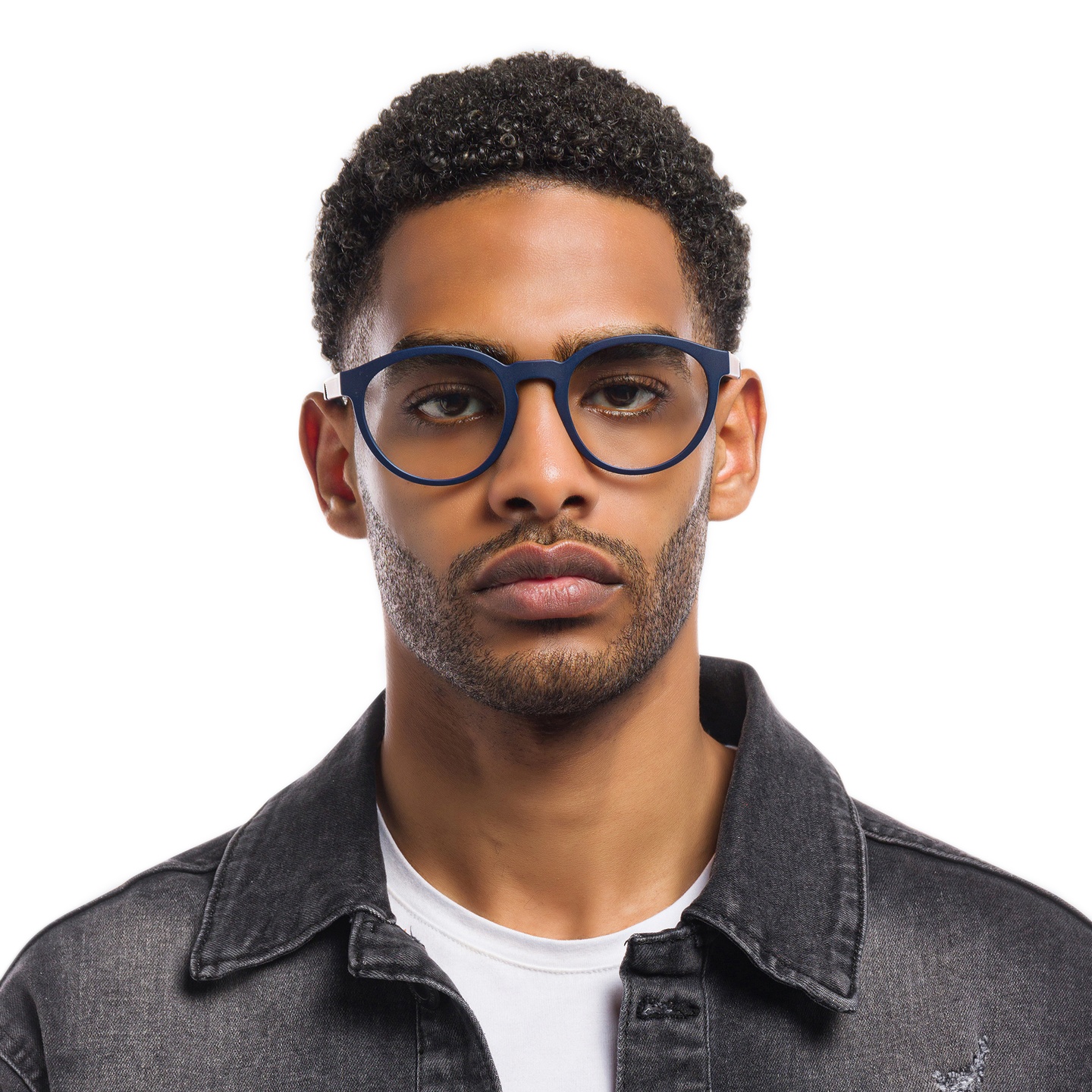 Emporio Armani Panthos Eyeglasses in Matte Blue – Model Photo 1
