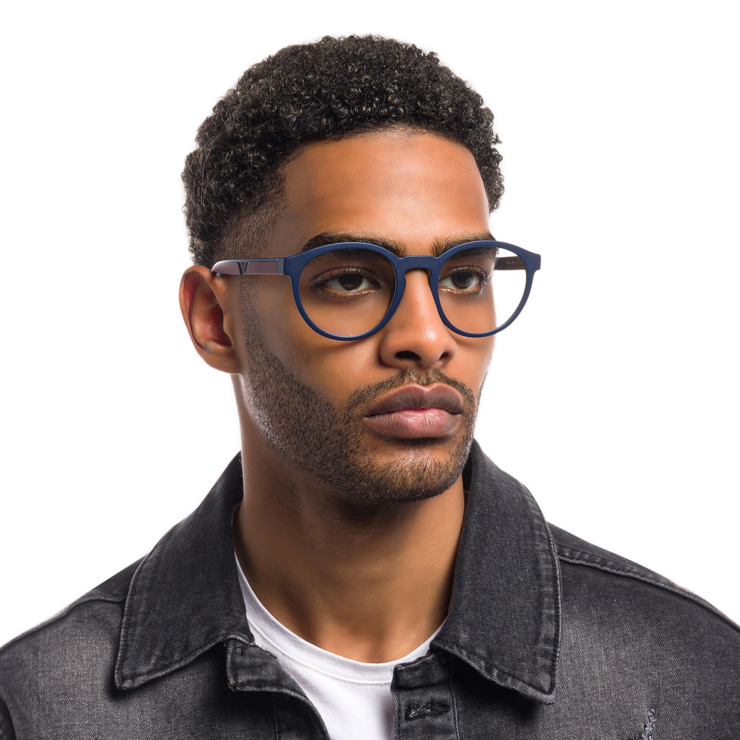 Emporio Armani Panthos Eyeglasses in Matte Blue – Model Photo 4