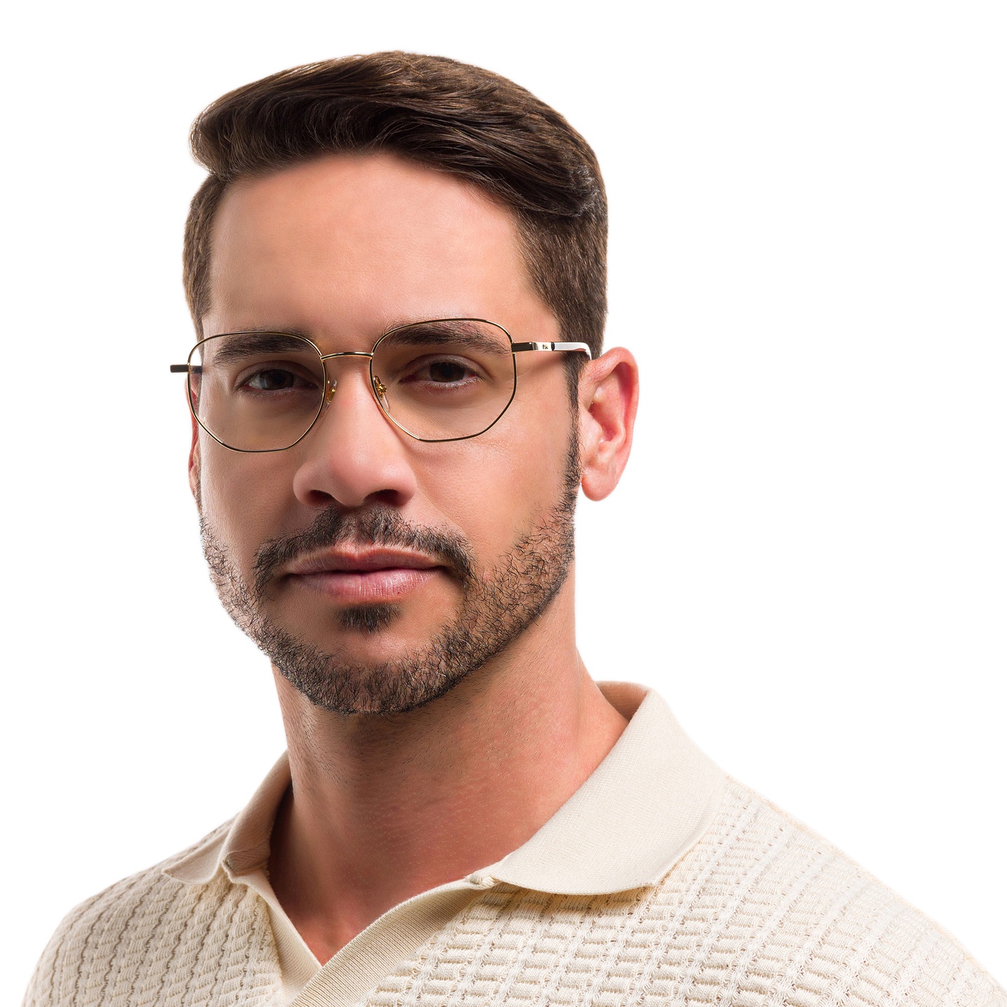 EYE'M Irregular Eyeglasses in Gold – Model Photo 4