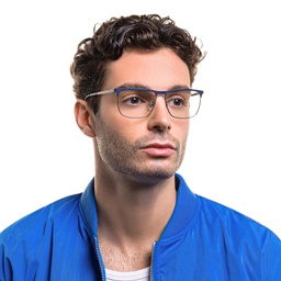 EYE'M Wide Rectangle Eyeglasses in Blue – Model Photo 2