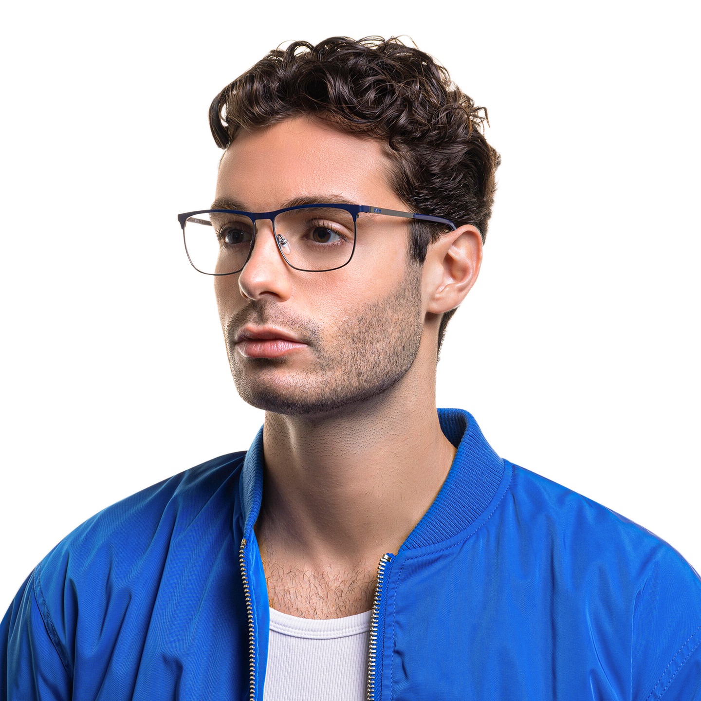EYE'M Wide Rectangle Eyeglasses in Blue – Model Photo 4
