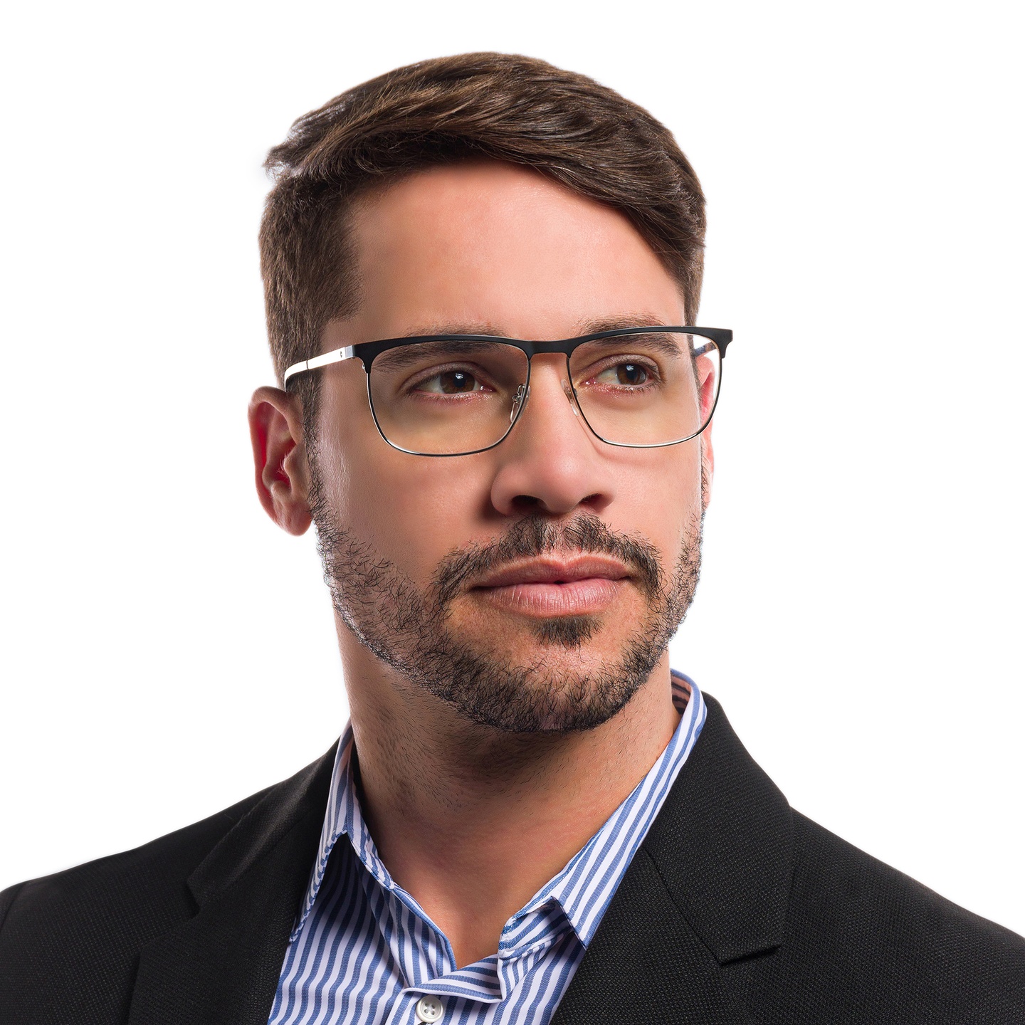 EYE'M Wide Rectangle Eyeglasses in Black & Silver – Model Photo 1