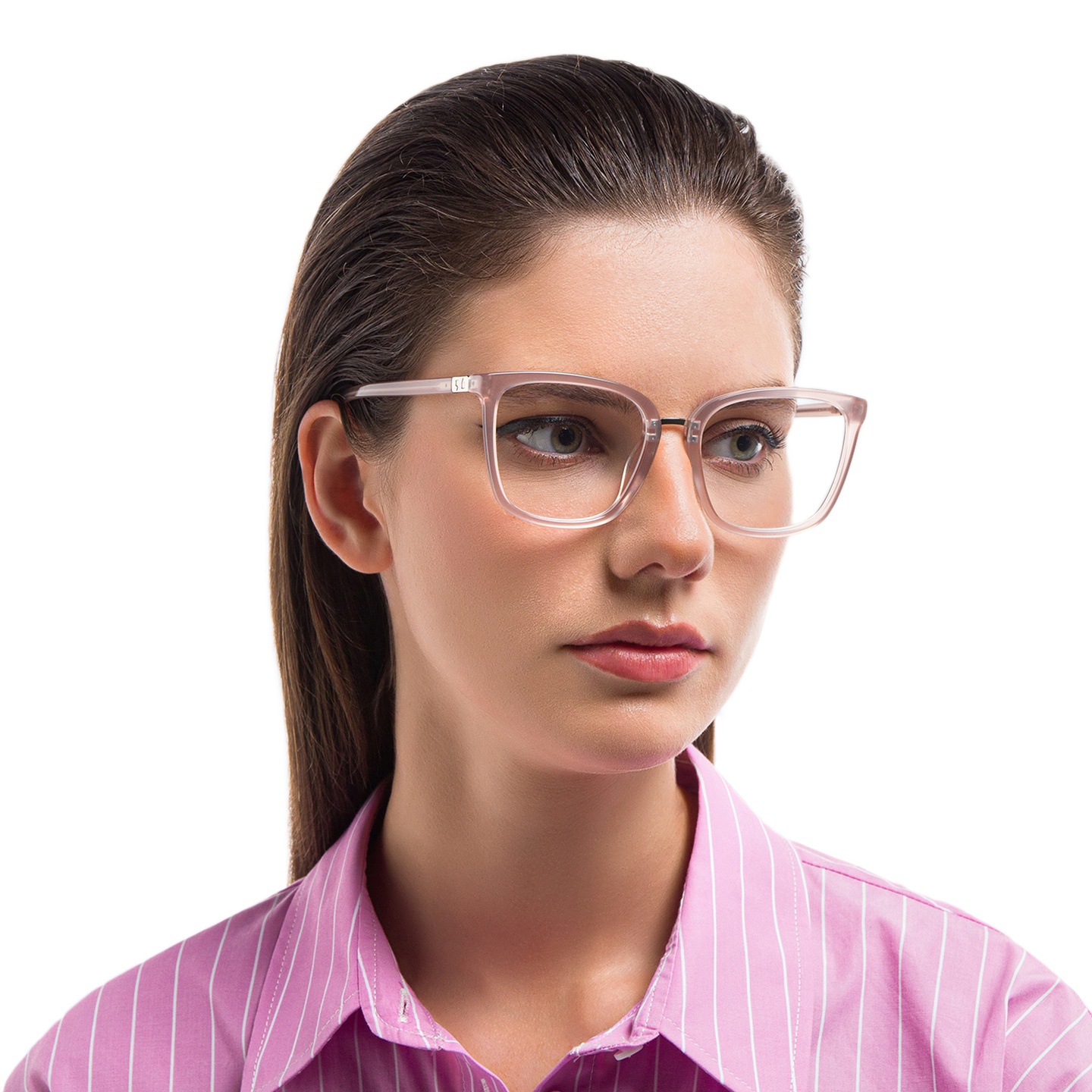 EYE'M Square Eyeglasses in Nude – Model Photo 1