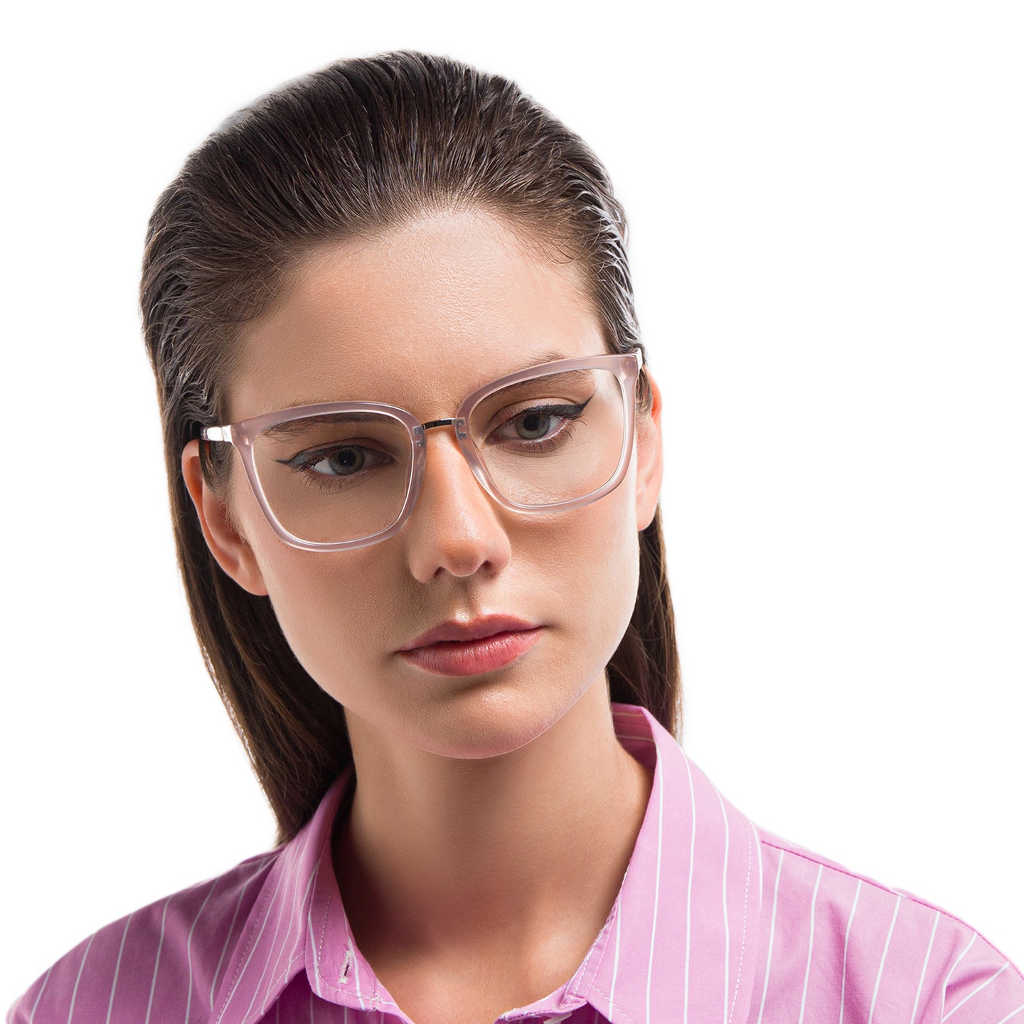 EYE'M Square Eyeglasses in Nude – Model Photo 4