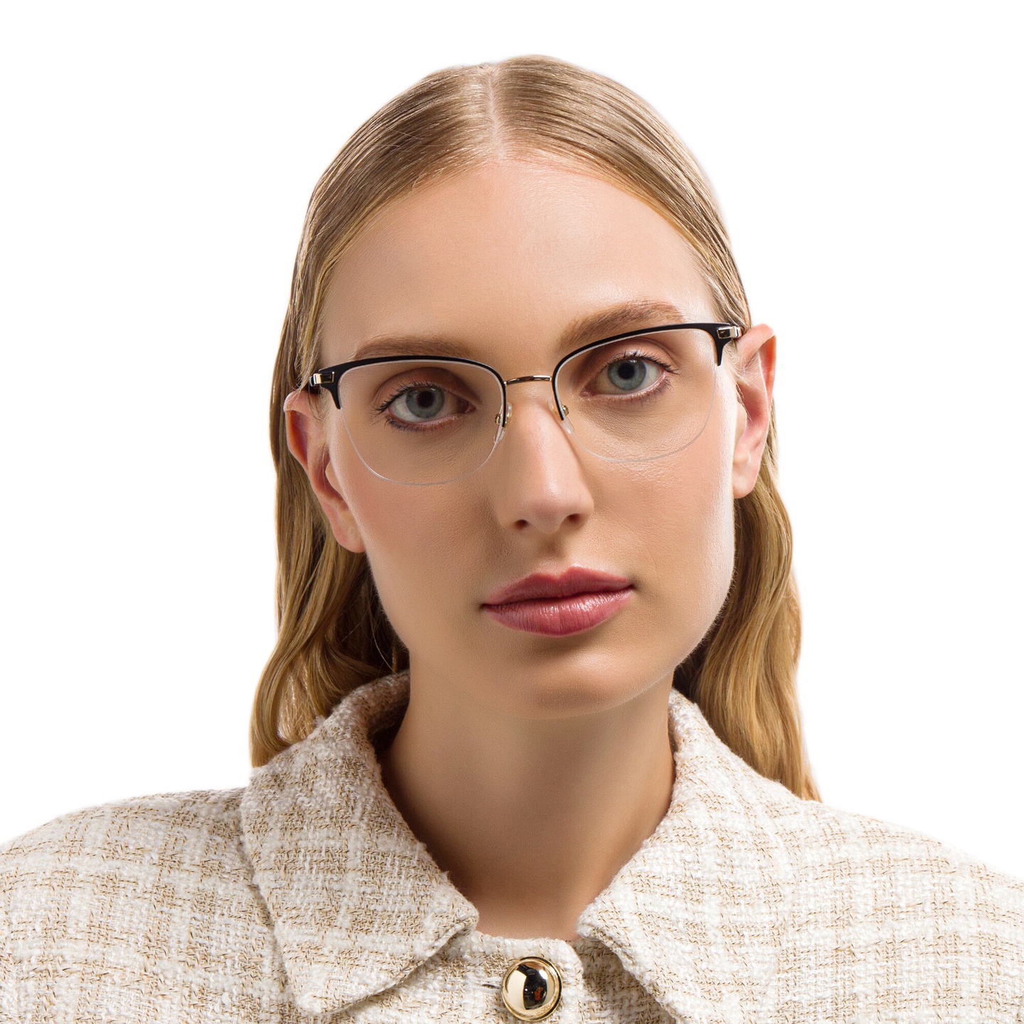 EYE'M Half Rim Cat Eye Eyeglasses in Black – Model Photo 1