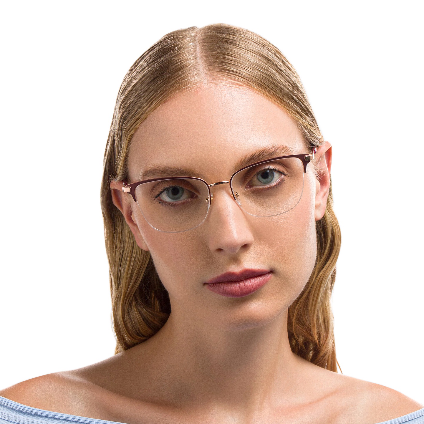 EYE'M Half Rim Cat Eye Eyeglasses in Red – Model Photo 1