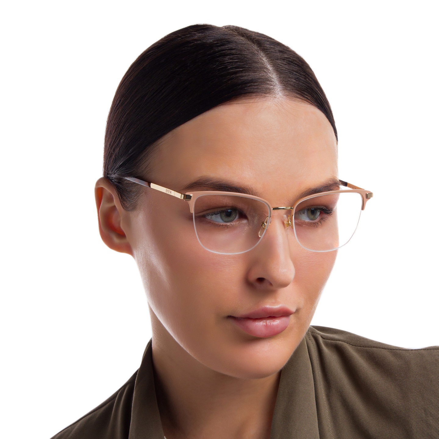 EYE'M Half Rim Cat Eye Eyeglasses in Nude – Model Photo 5