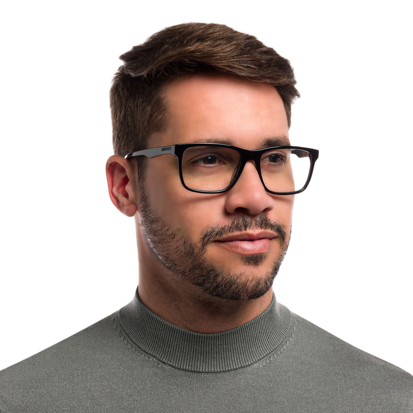 EYE'M Rectangle Eyeglasses in Shiny Black – Model Photo 1