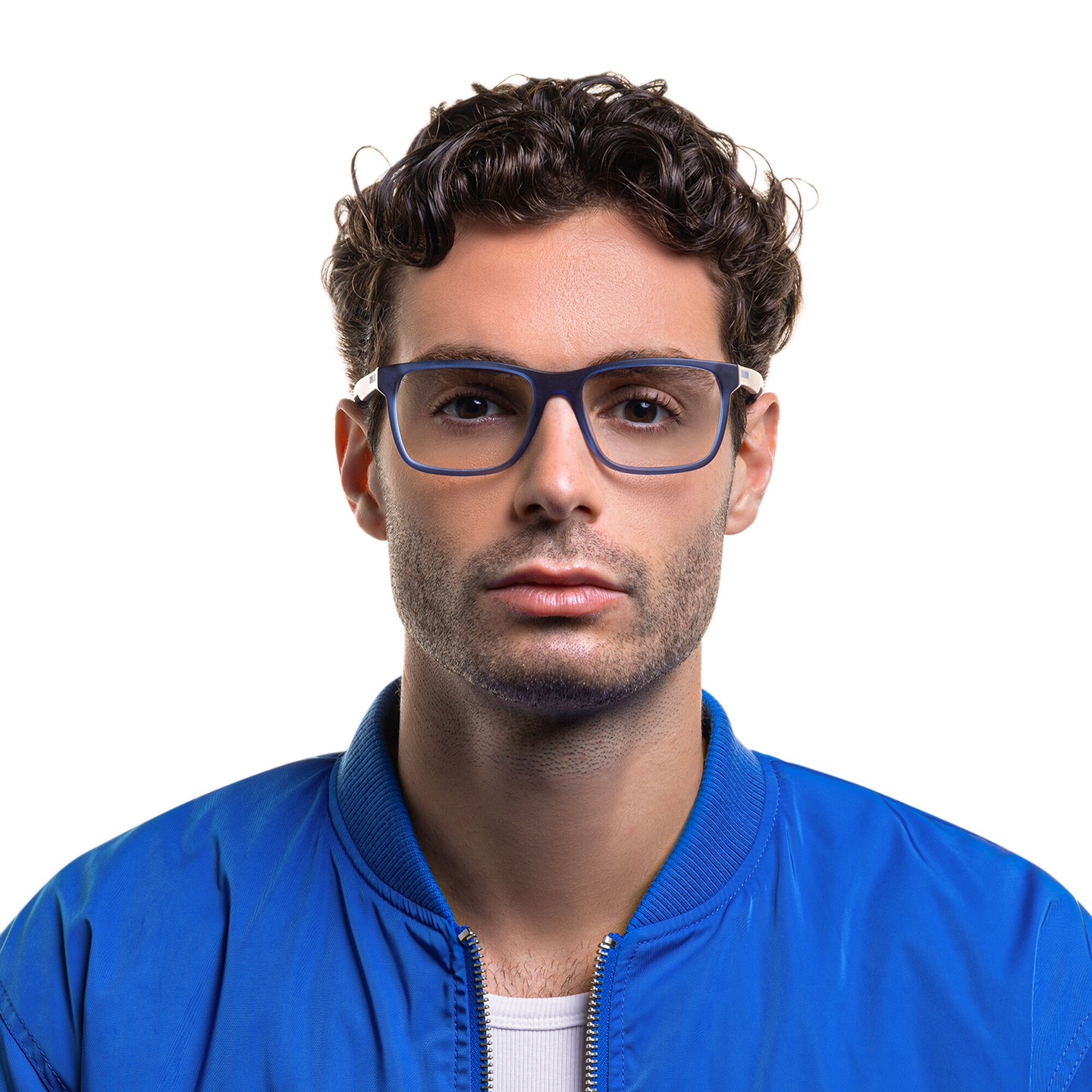 EYE'M Rectangle Eyeglasses in Blue – Model Photo 1