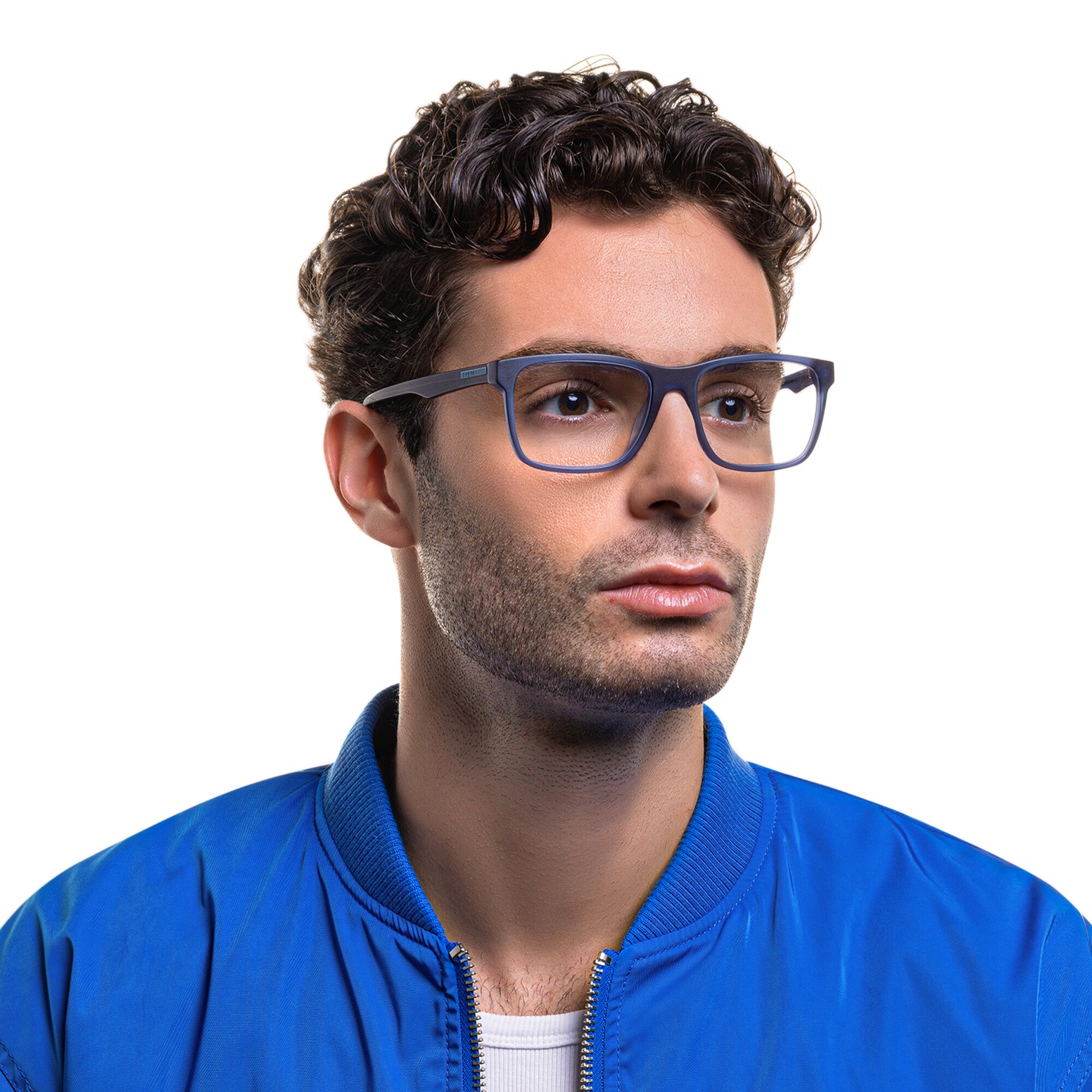 EYE'M Rectangle Eyeglasses in Blue – Model Photo 4