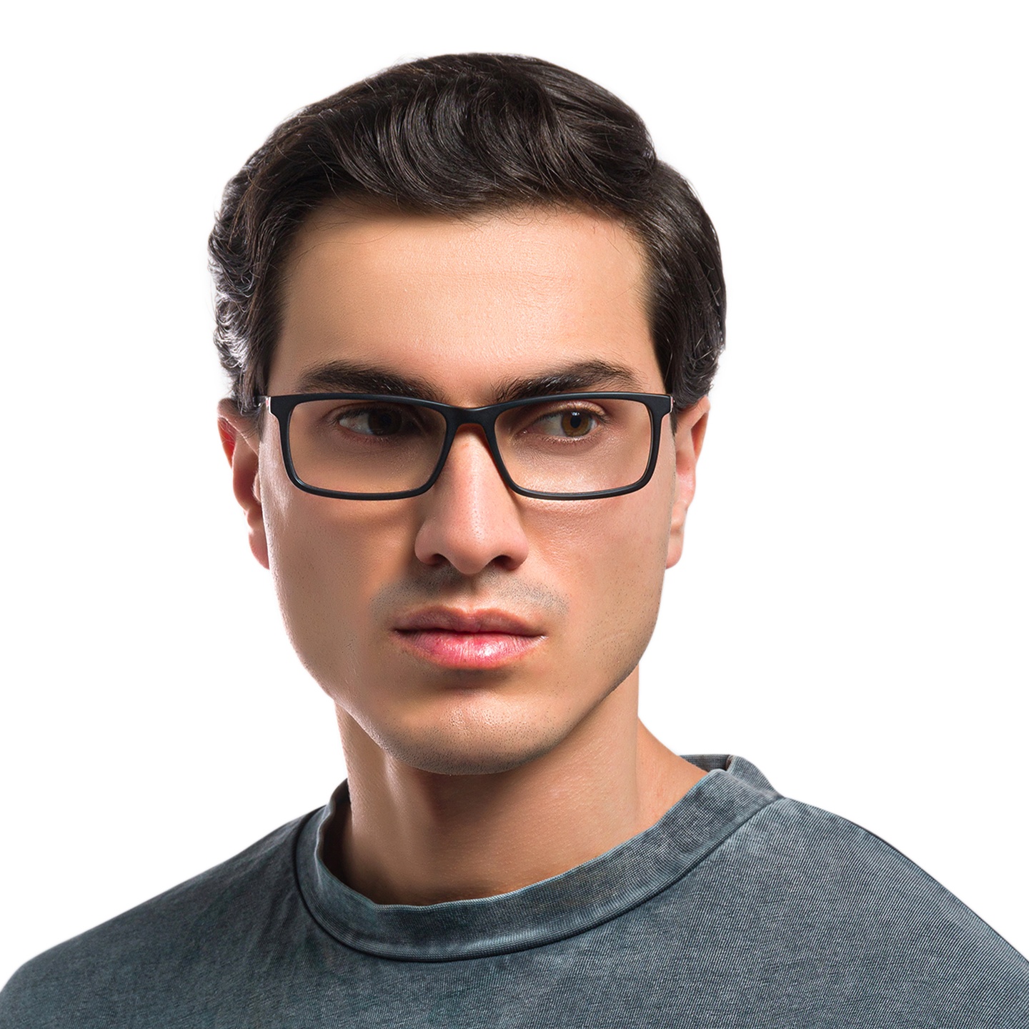 EYE'M Wide Rectangle Eyeglasses in Black – Model Photo 1