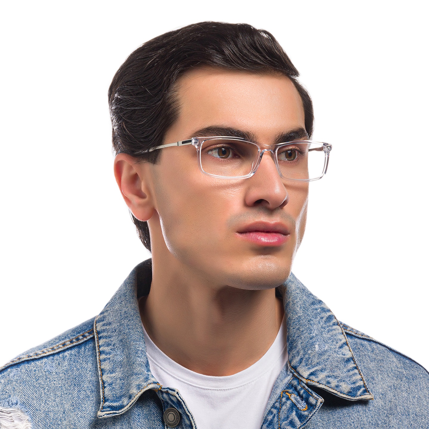 EYE'M Wide Rectangle Eyeglasses in Clear – Model Photo 1