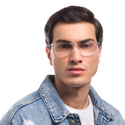 EYE'M Wide Rectangle Eyeglasses in Clear – Model Photo 5