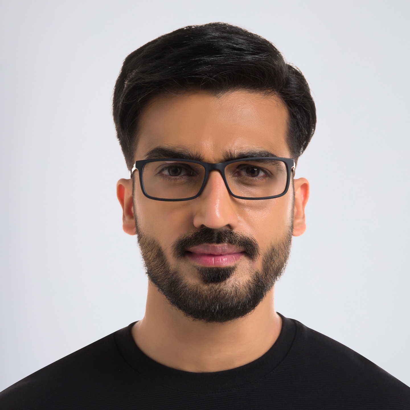 EYE'M Wide Rectangle Eyeglasses in Black & Silver – Model Photo 1