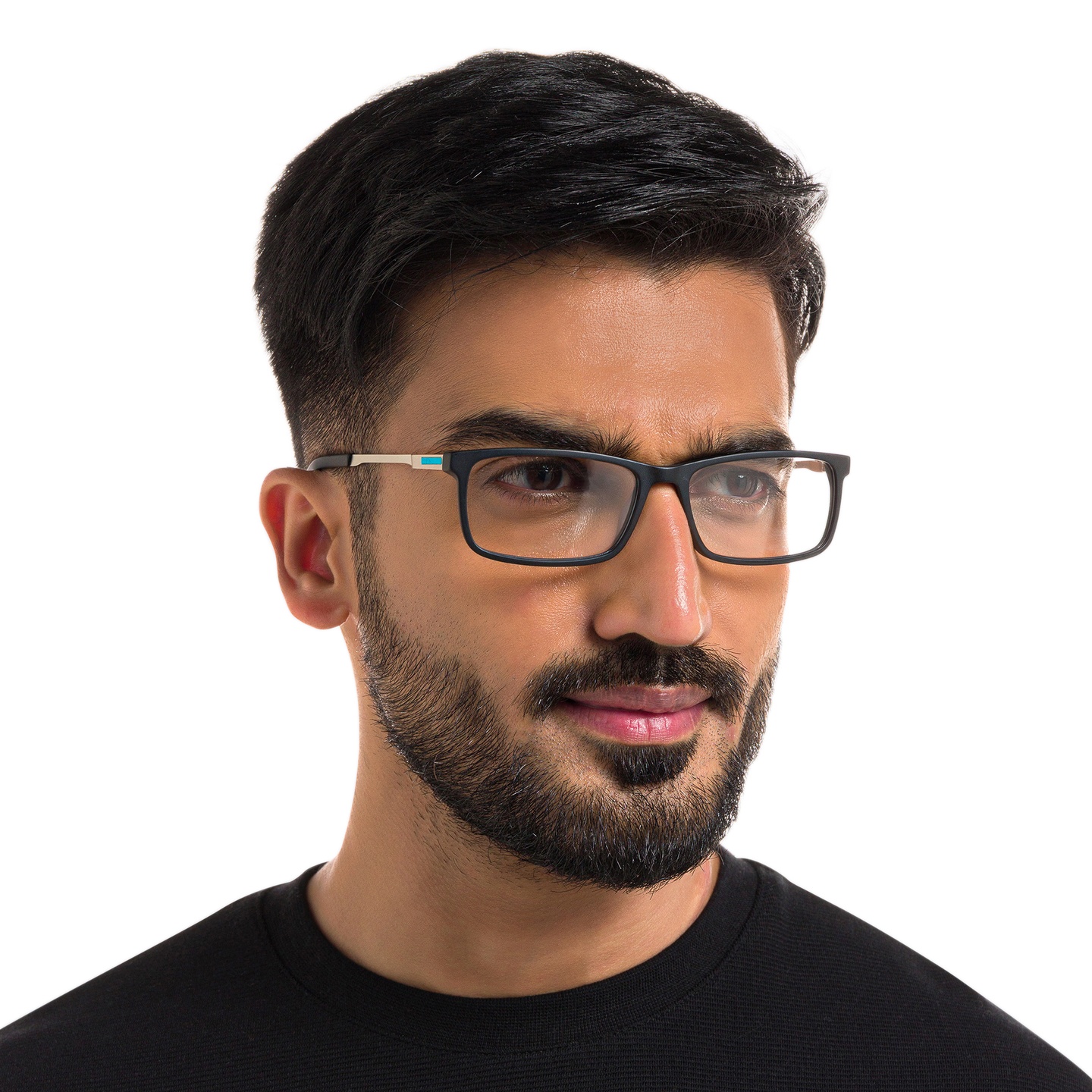 EYE'M Wide Rectangle Eyeglasses in Black & Silver – Model Photo 5