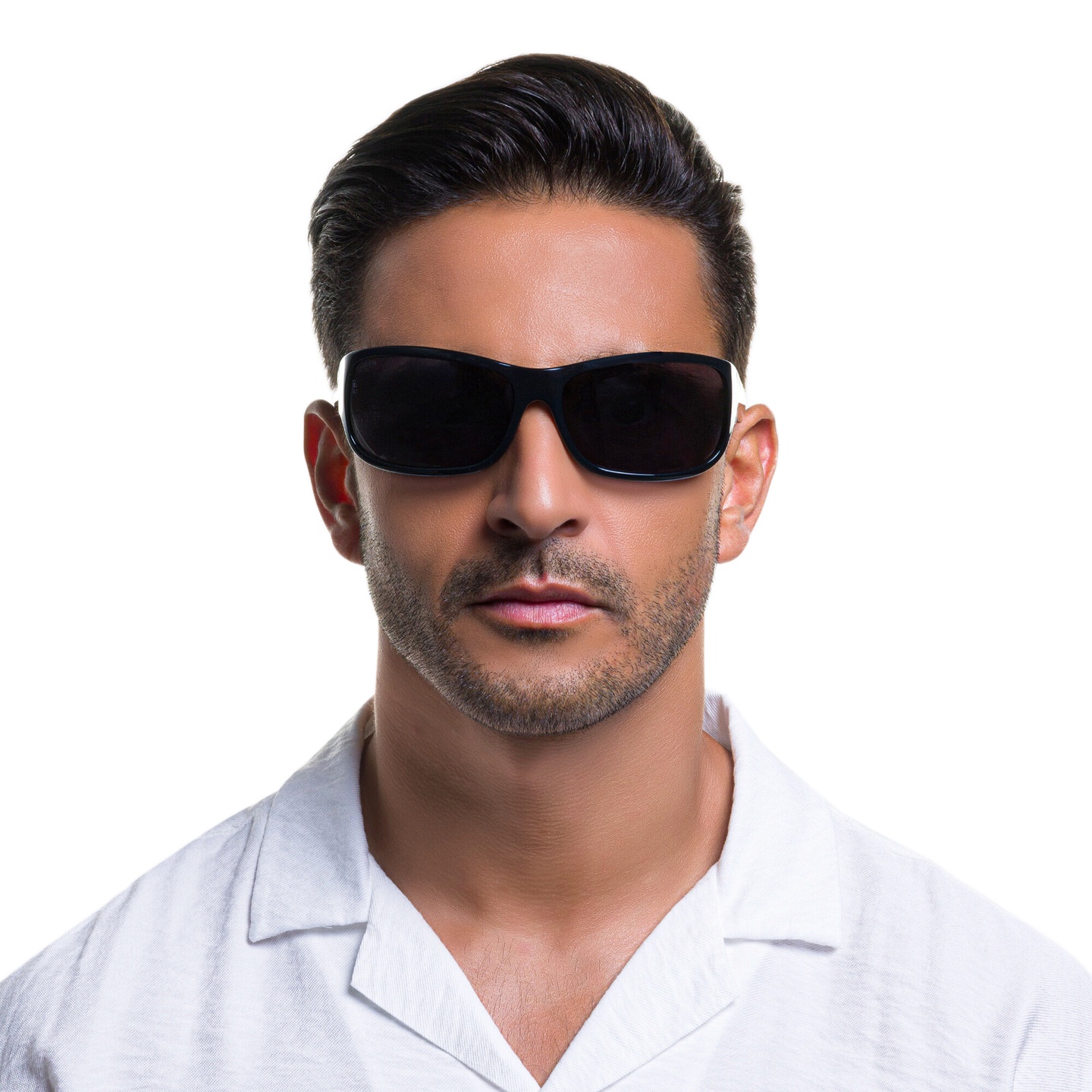 EYE'M Wide Rectangle Sunglasses in Black – Model Photo 1