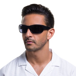 EYE'M Wide Rectangle Sunglasses in Black – Model Photo 5