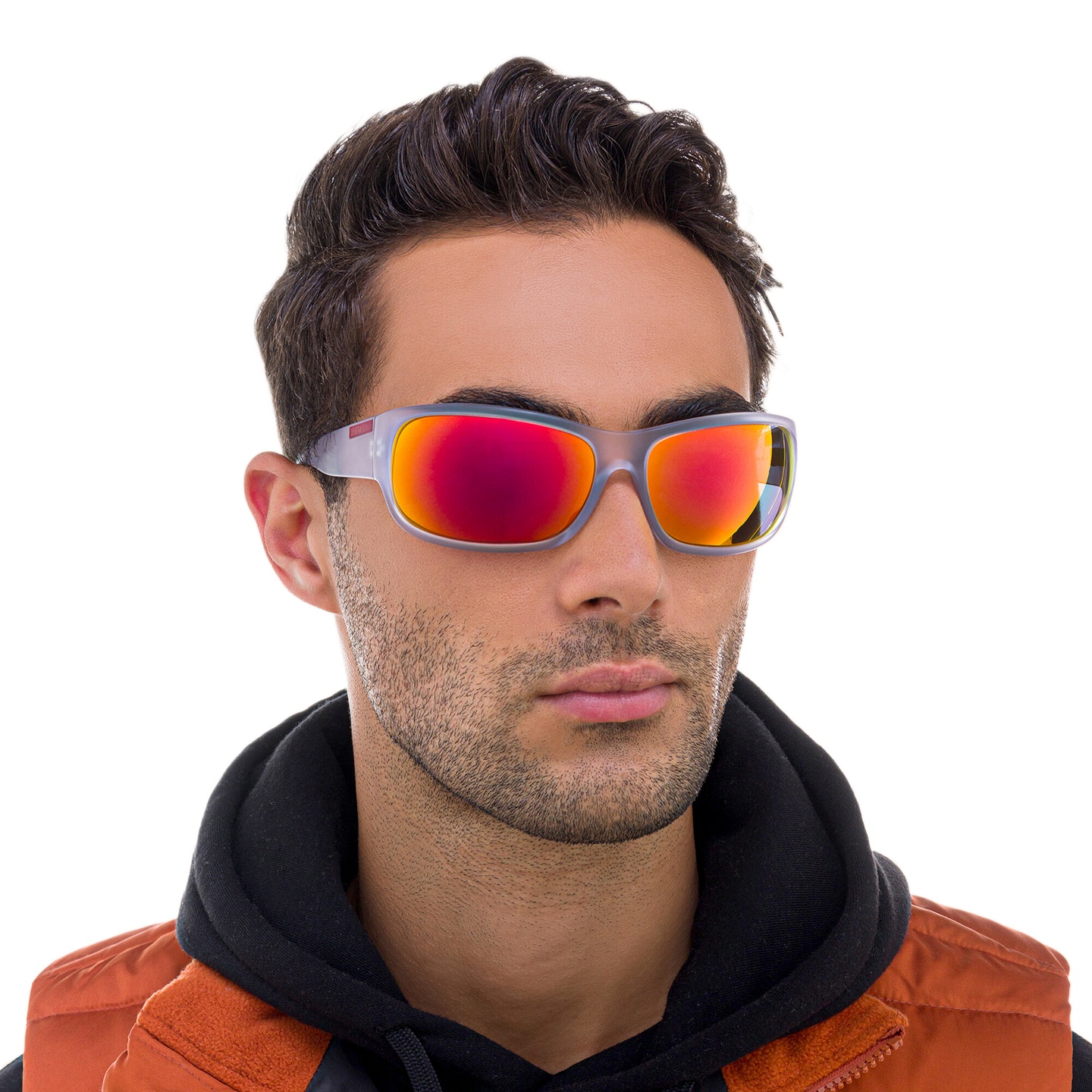 EYE'M Wide Rectangle Sunglasses in Clear – Model Photo 4