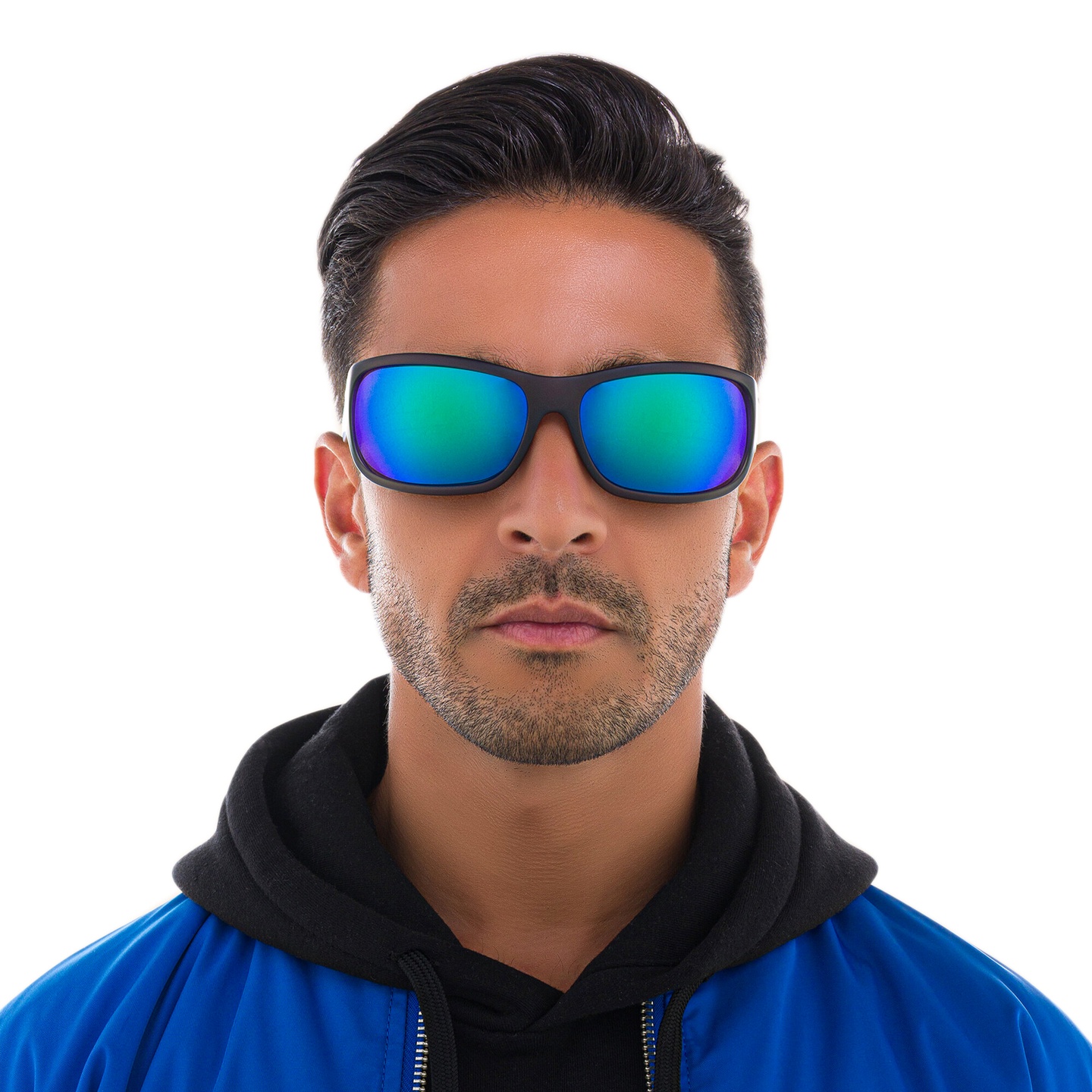 EYE'M Wide Rectangle Sunglasses in Grey – Model Photo 1