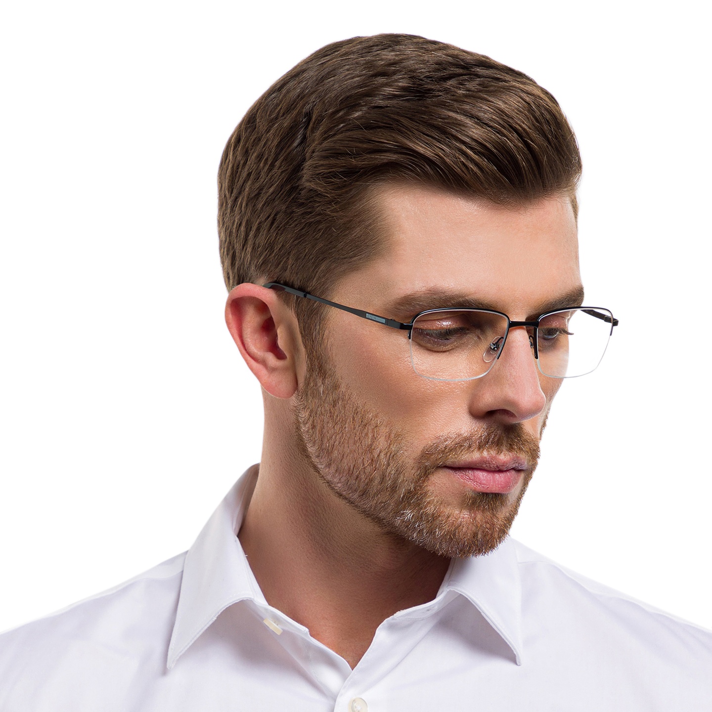 EYE'M Half Rim Rectangle Eyeglasses in Black – Model Photo 1