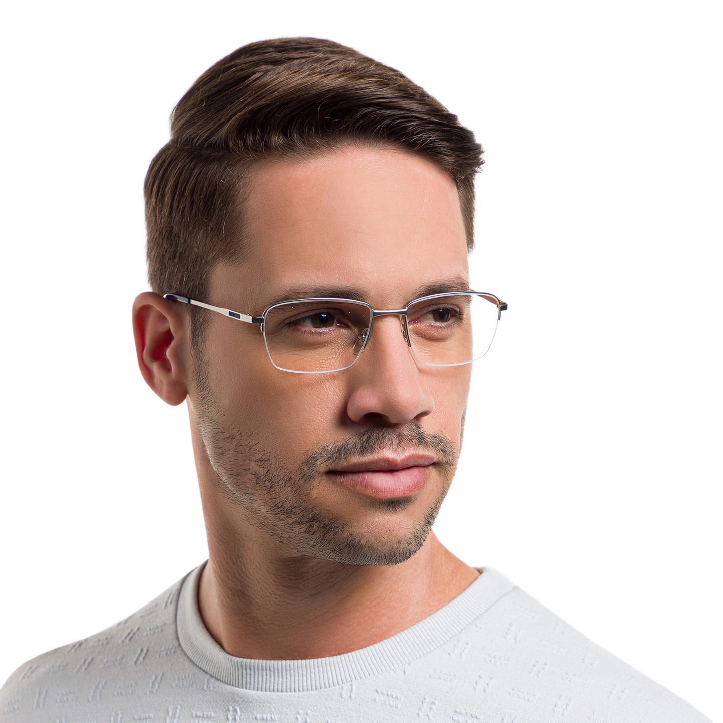 EYE'M Half Rim Rectangle Eyeglasses in Silver – Model Photo 1