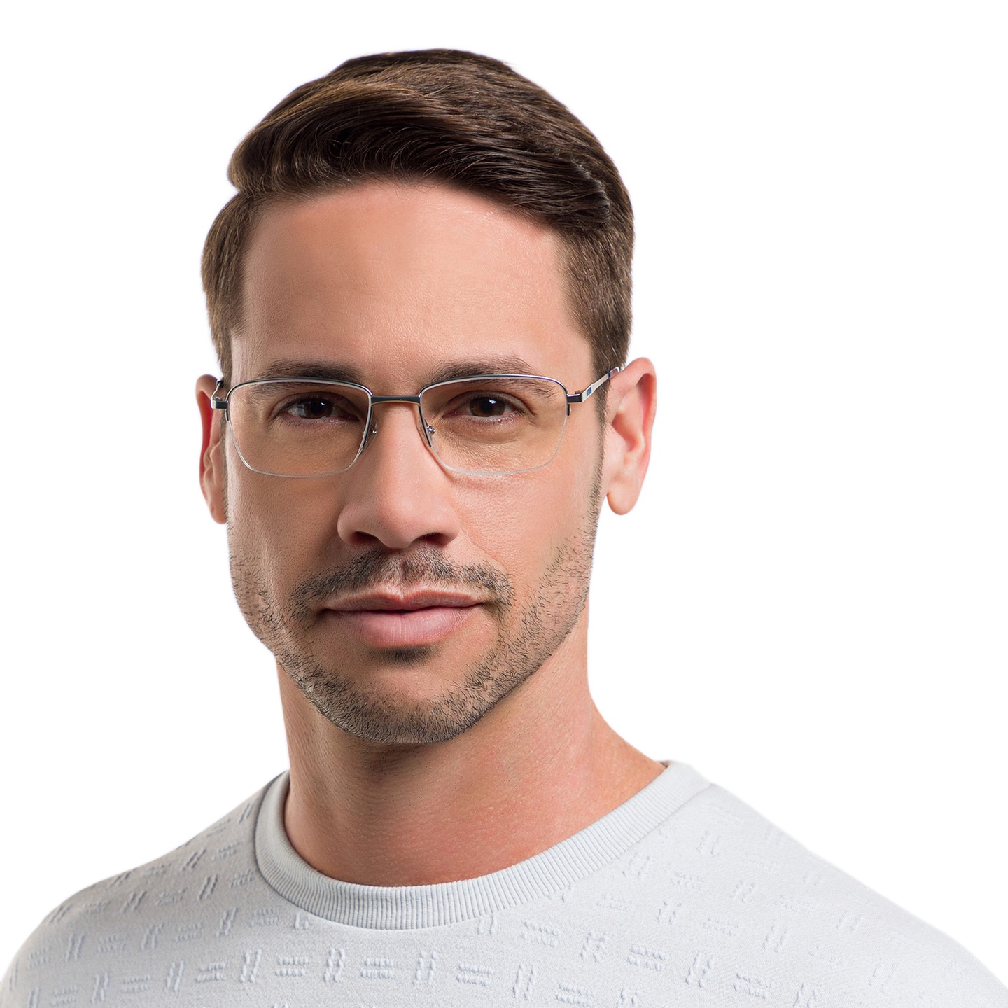 EYE'M Half Rim Rectangle Eyeglasses in Silver – Model Photo 4