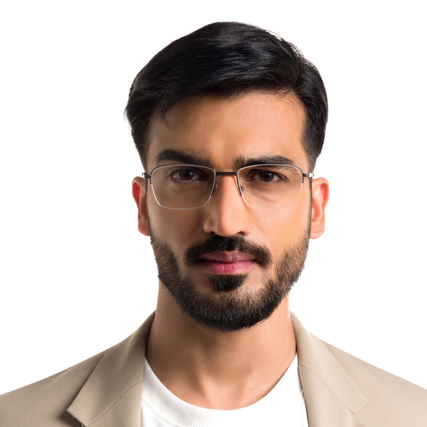 EYE'M Half Rim Rectangle Eyeglasses in Dusty Rose – Model Photo 4