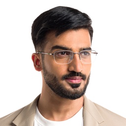 EYE'M Half Rim Rectangle Eyeglasses in Dusty Rose – Model Photo 6