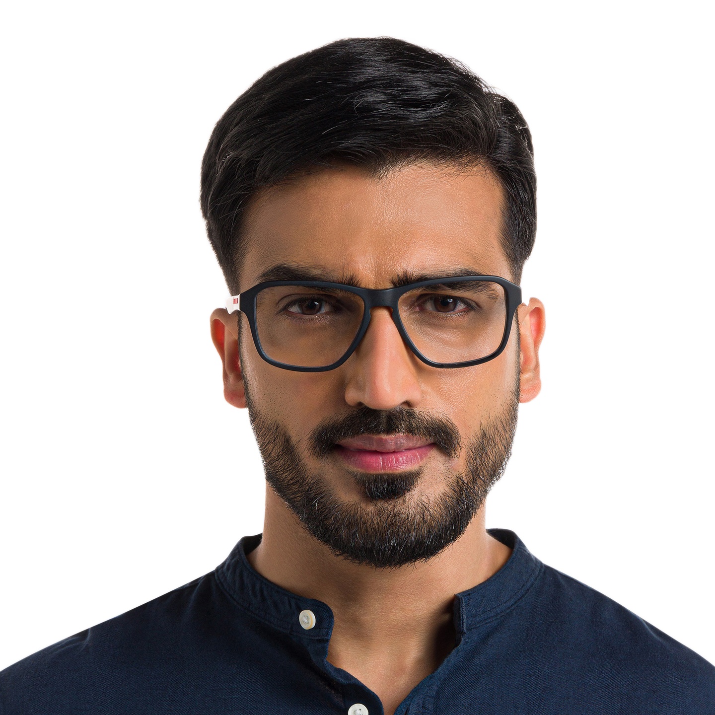 EYE'M Wide Rectangle Eyeglasses in Black – Model Photo 4