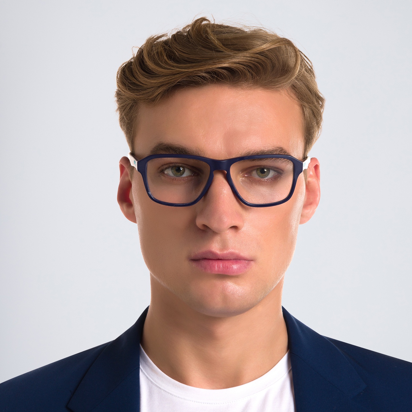 EYE'M Wide Rectangle Eyeglasses in Blue – Model Photo 1
