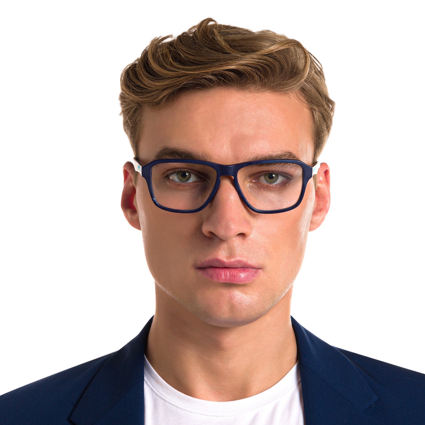 EYE'M Wide Rectangle Eyeglasses in Blue – Model Photo 4