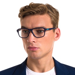 EYE'M Wide Rectangle Eyeglasses in Blue – Model Photo 6