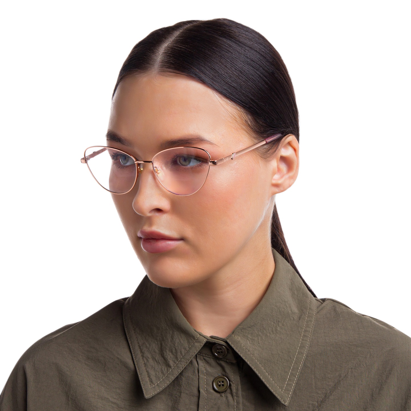 EYE'M Wide Cat Eye Eyeglasses in Rose Gold – Model Photo 5