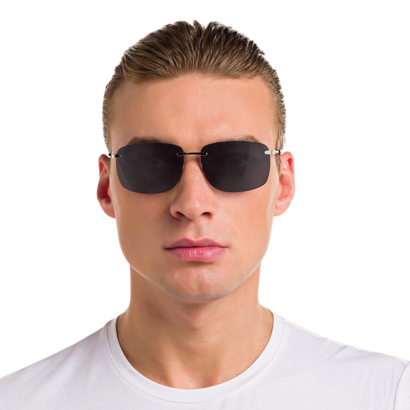 Shop EYE'M Rimless Rectangle Sunglasses in Silver online.