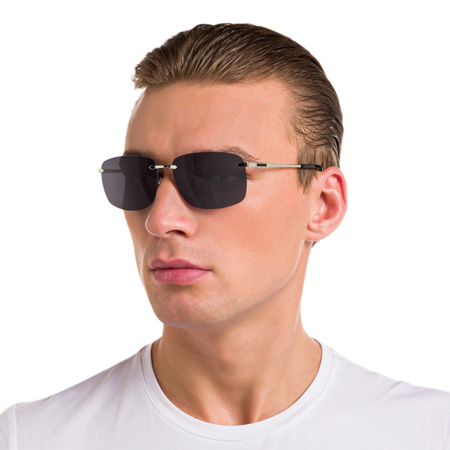 Shop EYE'M Rimless Rectangle Sunglasses in Silver online.