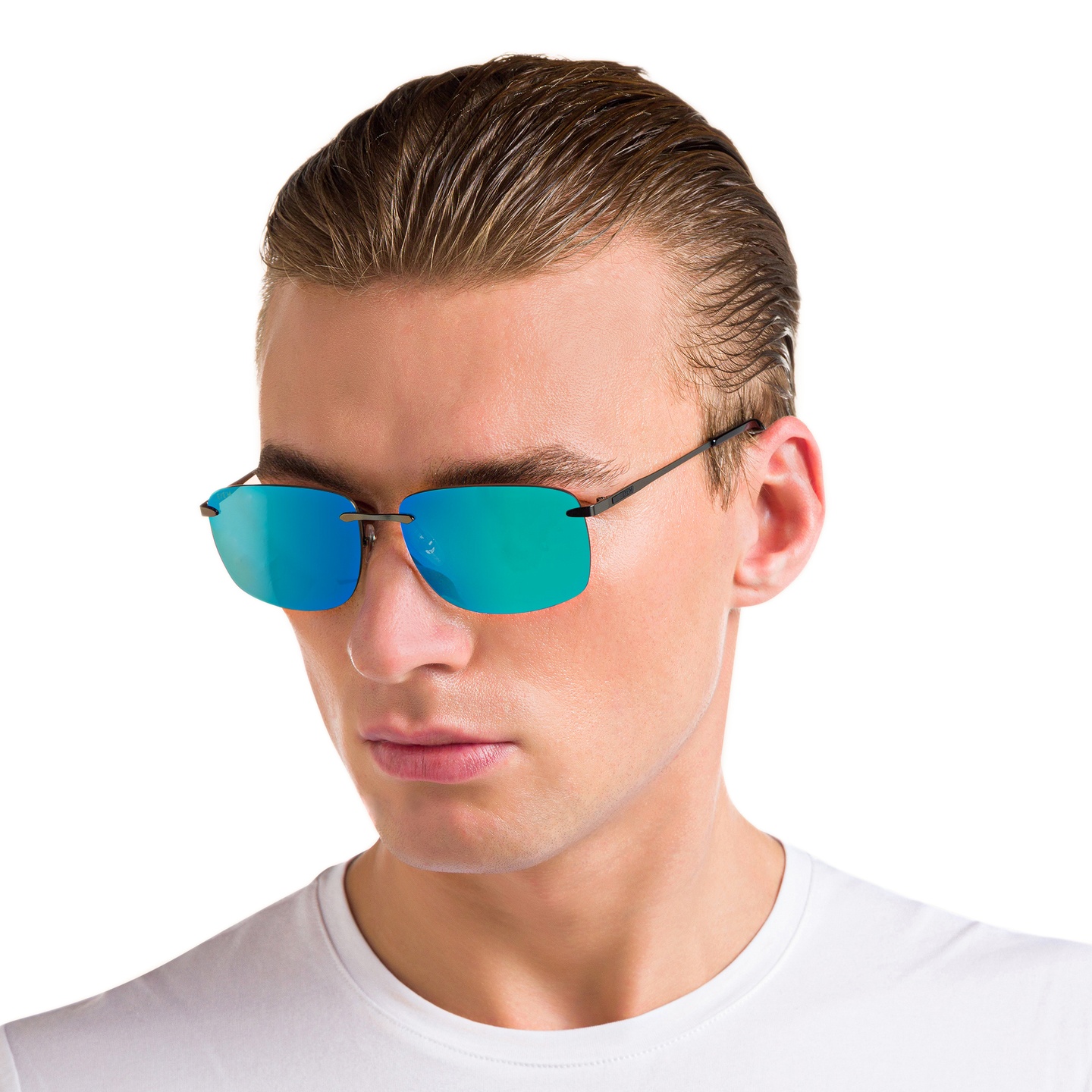 Shop EYE'M Rimless Rectangle Sunglasses in Black online.